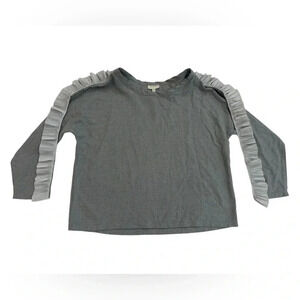 Koch Blouse Women’s Long Sleeve Ribbon Back Ruffle Trim Grey Size Medium EUC